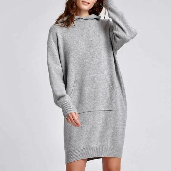 Naadam Wool & Cashmere Heather Gray Hooded Sweater Tunic Sweatshirt Dress Small - Picture 1 of 7